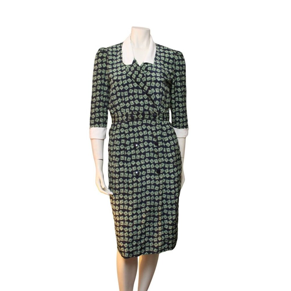 Vintage 80s Liz Roberts Petites Green Blue Printed Double Breasted Dress Size 8
